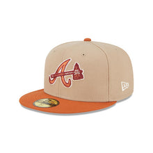 Load image into Gallery viewer, Atlanta Braves New Era MLB 59FIFTY 5950 Fitted Wildlife Cap Hat Wheat Crown Dark Orange Visor Orange Axe Logo Turtle Side Patch Peach UV