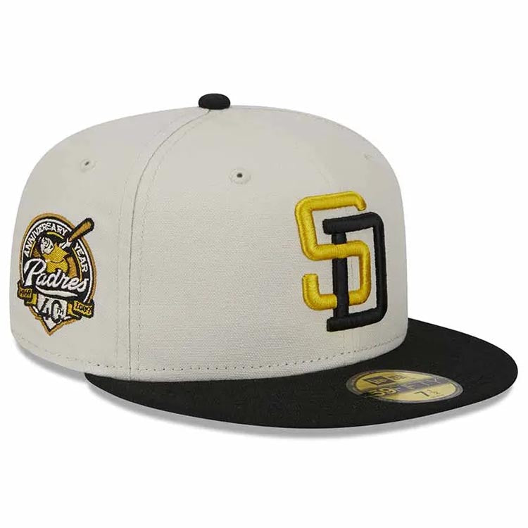 San Diego Padres New Era MLB 59FIFTY 5950 Fitted Cap Hat Stone Crown Black  Visor Gold/Black Logo 40th Anniversary Side Patch Gray UV