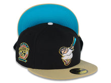 Load image into Gallery viewer, San Diego Padres New Era MLB 59FIFTY 5950 Fitted Cap Hat Black Crown Vegas Gold Visor White/Blue/Metallic Gold Friar Logo 25th Anniversary Side Patch
