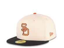 Load image into Gallery viewer, San Diego Padres New Era MLB 59FIFTY 5950 Fitted Cap Hat Cream Crown Black Visor Metallic Brown/Gold Cooperstown Logo 1984 World Series Side Patch