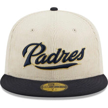 Load image into Gallery viewer, San Diego Padres New Era MLB 59FIFTY 5950 Fitted Cap Hat Cream Crown Navy Visor Navy/Gold Script Logo 40th Anniversary Side Patch Corduroy Classic