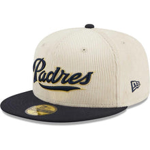Load image into Gallery viewer, San Diego Padres New Era MLB 59FIFTY 5950 Fitted Cap Hat Cream Crown Navy Visor Navy/Gold Script Logo 40th Anniversary Side Patch Corduroy Classic