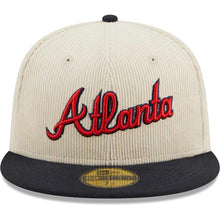 Load image into Gallery viewer, Atlanta Braves New Era MLB 59FIFTY 5950 Fitted Cap Hat Cream Crown Dark Navy Visor Red/Navy Script Logo 40th Anniversary Side Patch Corduroy Classic