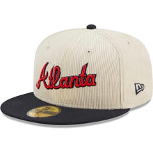 Load image into Gallery viewer, Atlanta Braves New Era MLB 59FIFTY 5950 Fitted Cap Hat Cream Crown Dark Navy Visor Red/Navy Script Logo 40th Anniversary Side Patch Corduroy Classic