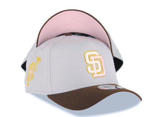 San Diego Padres New Era MLB 9FORTY 940 Adjustable A-Frame Cap Hat Gray Crown Brown Visor Glow White/Pink/Metallic Gold Logo Catching Friar Side Patch