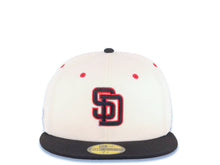 Load image into Gallery viewer, San Diego Padres New Era MLB 59FIFTY 5950 Fitted Cap Hat Cream Crown Black Visor Black/Red Logo Batterman Batty Side Patch Gray Logo