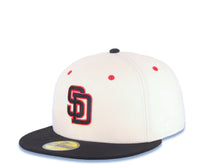 Load image into Gallery viewer, San Diego Padres New Era MLB 59FIFTY 5950 Fitted Cap Hat Cream Crown Black Visor Black/Red Logo Batterman Batty Side Patch Gray Logo