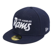 Load image into Gallery viewer, Los Angeles Rams New Era NFL 59FIFTY 5950 Fitted Cap Hat Navy Blue Crown/Visor White Text/Script Logo