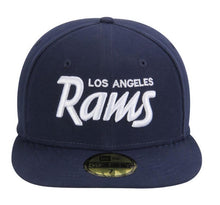Load image into Gallery viewer, Los Angeles Rams New Era NFL 59FIFTY 5950 Fitted Cap Hat Navy Blue Crown/Visor White Text/Script Logo