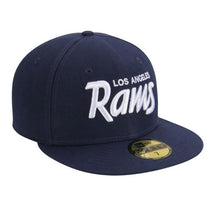 Load image into Gallery viewer, Los Angeles Rams New Era NFL 59FIFTY 5950 Fitted Cap Hat Navy Blue Crown/Visor White Text/Script Logo