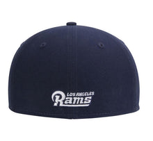 Load image into Gallery viewer, Los Angeles Rams New Era NFL 59FIFTY 5950 Fitted Cap Hat Navy Blue Crown/Visor White Text/Script Logo