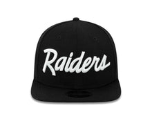Load image into Gallery viewer, Oakland Raiders New Era 9FIFTY 950 Original Fit Snapback Cap Hat Black Crown/Visor White Script Logo Team Logo Side Patch