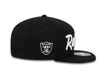 Load image into Gallery viewer, Oakland Raiders New Era 9FIFTY 950 Original Fit Snapback Cap Hat Black Crown/Visor White Script Logo Team Logo Side Patch
