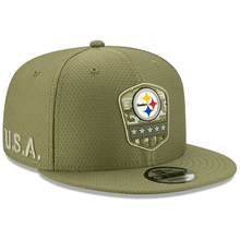 Load image into Gallery viewer, Pittsburgh Steelers New Era NFL 9FIFTY 950 Snapback 2019 Salute To Service Cap Hat Olive Green Crown/Visor Team Color Logo