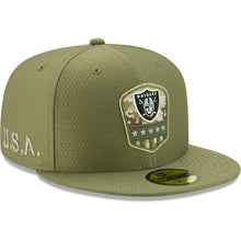 Load image into Gallery viewer, Oakland Raiders New Era NFL 59FIFTY 5950 Fitted 2019 Salute To Service Cap Hat Olive Crown/Visor Team Color Logo