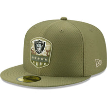 Load image into Gallery viewer, Oakland Raiders New Era NFL 59FIFTY 5950 Fitted 2019 Salute To Service Cap Hat Olive Crown/Visor Team Color Logo