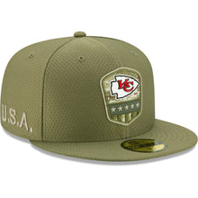 Load image into Gallery viewer, Kansas City Chiefs New Era NFL 59FIFTY 5950 Fitted 2019 Salute To Service Cap Hat Olive Crown/Visor Team Color Logo
