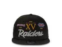 Load image into Gallery viewer, Las Vegas Raiders New Era NFL 9Fifty 950 Snapback Cap Hat Black Crown/Visor Gray/White Script Logo with Multiple Supe Bowl Patches (Supe Bowl Retro Script)