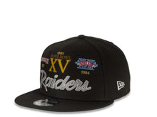 Load image into Gallery viewer, Las Vegas Raiders New Era NFL 9Fifty 950 Snapback Cap Hat Black Crown/Visor Gray/White Script Logo with Multiple Supe Bowl Patches (Supe Bowl Retro Script)