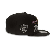 Load image into Gallery viewer, Las Vegas Raiders New Era NFL 9Fifty 950 Snapback Cap Hat Black Crown/Visor Gray/White Script Logo with Multiple Supe Bowl Patches (Supe Bowl Retro Script)