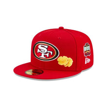 Load image into Gallery viewer, San Francisco 49ers New Era NFL 59Fifty 5950 Fitted Hat Red Crown/Visor Team Color Logo with Multiple Patches Gray UV (City Transit)