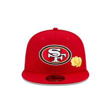 Load image into Gallery viewer, San Francisco 49ers New Era NFL 59Fifty 5950 Fitted Hat Red Crown/Visor Team Color Logo with Multiple Patches Gray UV (City Transit)