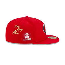 Load image into Gallery viewer, San Francisco 49ers New Era NFL 59Fifty 5950 Fitted Hat Red Crown/Visor Team Color Logo with Multiple Patches Gray UV (City Transit)