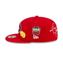 Load image into Gallery viewer, San Francisco 49ers New Era NFL 59Fifty 5950 Fitted Hat Red Crown/Visor Team Color Logo with Multiple Patches Gray UV (City Transit)