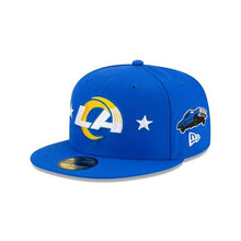Load image into Gallery viewer, Los Angeles Rams New Era NFL 59Fifty 5950 Fitted Hat Royal Blue Crown/Visor Team Color Logo with Multiple Patches Gray UV (City Transit)