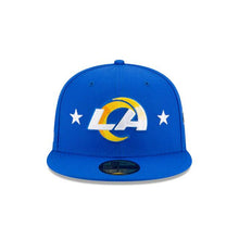 Load image into Gallery viewer, Los Angeles Rams New Era NFL 59Fifty 5950 Fitted Hat Royal Blue Crown/Visor Team Color Logo with Multiple Patches Gray UV (City Transit)