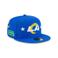 Load image into Gallery viewer, Los Angeles Rams New Era NFL 59Fifty 5950 Fitted Hat Royal Blue Crown/Visor Team Color Logo with Multiple Patches Gray UV (City Transit)