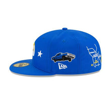 Load image into Gallery viewer, Los Angeles Rams New Era NFL 59Fifty 5950 Fitted Hat Royal Blue Crown/Visor Team Color Logo with Multiple Patches Gray UV (City Transit)