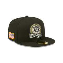Load image into Gallery viewer, Las Vegas Raiders New Era 59FIFTY 5950 Fitted Cap Hat Black Crown/Visor Camo Logo America Flag Side Patch (2022 Salute To Service)