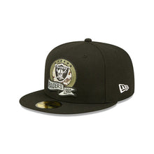Load image into Gallery viewer, Las Vegas Raiders New Era 59FIFTY 5950 Fitted Cap Hat Black Crown/Visor Camo Logo America Flag Side Patch (2022 Salute To Service)