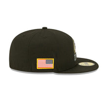 Load image into Gallery viewer, Las Vegas Raiders New Era 59FIFTY 5950 Fitted Cap Hat Black Crown/Visor Camo Logo America Flag Side Patch (2022 Salute To Service)