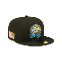 Load image into Gallery viewer, Los Angeles Chargers New Era NFL 59FIFTY 5950 Fitted Cap Hat Black Crown/Visor Camo Logo America Side Patch (2022 Salute To Service)