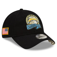 Load image into Gallery viewer, Los Angeles Chargers New Era NFL 9TWENTY 920 Adjustable Cap Hat Black Crown/Visor Camo Logo America Flag Side Patch (2022 Salute To Service)
