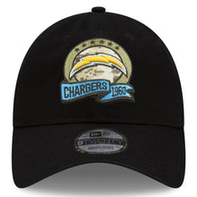 Load image into Gallery viewer, Los Angeles Chargers New Era NFL 9TWENTY 920 Adjustable Cap Hat Black Crown/Visor Camo Logo America Flag Side Patch (2022 Salute To Service)