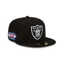 Load image into Gallery viewer, Las Vegas Raiders New Era 59FIFTY 5950 Fitted Cap Hat Black Crown/Visor Team Color Logo 2018 Super Bowl Side Patch Gray UV