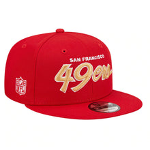 Load image into Gallery viewer, San Francisco 49ers New Era NFL 9FIFTY 950 Snapback Cap Hat Red Crown/Visor Wheat/White Text Logo Super Bowl Side Patch Gray UV
