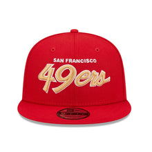 Load image into Gallery viewer, San Francisco 49ers New Era NFL 9FIFTY 950 Snapback Cap Hat Red Crown/Visor Wheat/White Text Logo Super Bowl Side Patch Gray UV