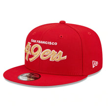 Load image into Gallery viewer, San Francisco 49ers New Era NFL 9FIFTY 950 Snapback Cap Hat Red Crown/Visor Wheat/White Text Logo Super Bowl Side Patch Gray UV