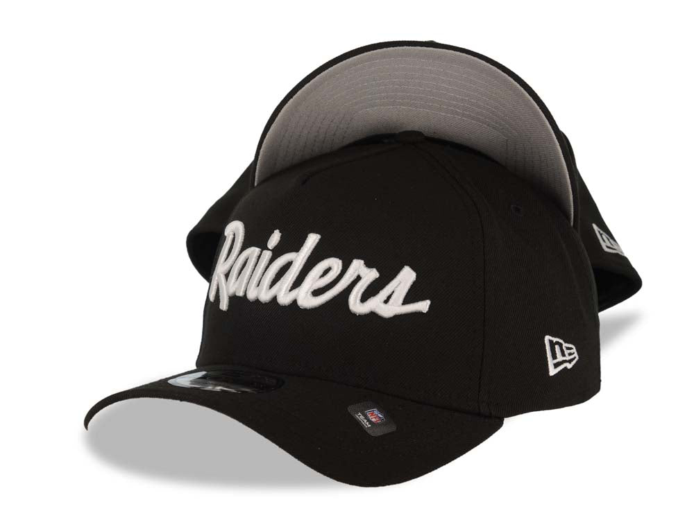 Las Vegas Raiders New Era 9FORTY 940 Adjustable A-Frame Cap Hat Black Crown/Visor White Script Logo Gray UV