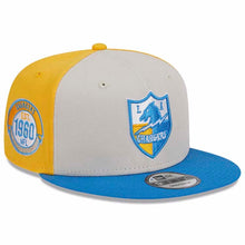 Load image into Gallery viewer, Los Angeles Chargers New Era NFL 9FIFTY 950 Snapback Cap Hat Stone Gray/Yellow Crown Sky Blue Visor Team Color Logo (2023 Sideline Historic)