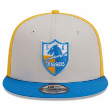 Load image into Gallery viewer, Los Angeles Chargers New Era NFL 9FIFTY 950 Snapback Cap Hat Stone Gray/Yellow Crown Sky Blue Visor Team Color Logo (2023 Sideline Historic)