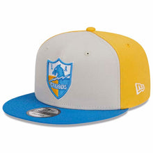 Load image into Gallery viewer, Los Angeles Chargers New Era NFL 9FIFTY 950 Snapback Cap Hat Stone Gray/Yellow Crown Sky Blue Visor Team Color Logo (2023 Sideline Historic)