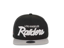 Load image into Gallery viewer, Los Angeles Raiders Mitchell & Ness Snapback Cap Hat Black Crown Gray Visor Gray/White Script Logo Green UV