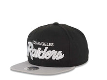 Load image into Gallery viewer, Los Angeles Raiders Mitchell & Ness Snapback Cap Hat Black Crown Gray Visor Gray/White Script Logo Green UV