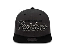 Load image into Gallery viewer, Los Angeles Raiders Mitchell & Ness Snapback Cap Hat Heather Dark Gray Crown Black Visor Black/White Script Logo