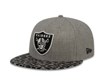 Load image into Gallery viewer, Oakland Raiders New Era 59FIFTY 5950 Fitted Cap Hat Heather Gray Crown Black Leopard Print Visor Team Color Logo (Leopardvize)